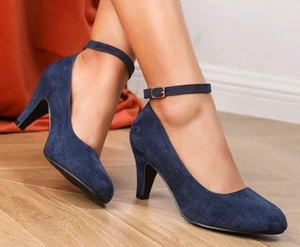 LADIES BLUE FAUX SUEDE ANKLE STRAP COURT SHOES SIZE 9 TRANSVESTITE TV DRAG - Picture 1 of 4