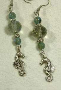 CYNTHIA LYNN "CRYSTAL SEA" GREEN SHELL CRYSTAL NAUTICAL SEAHORSE EARRINGS - Picture 1 of 1