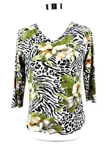 ERIN LONDON Womens Cotton Pullover Top M Multicolored Floral V-Neck 3/4 Sleeves - Picture 1 of 13