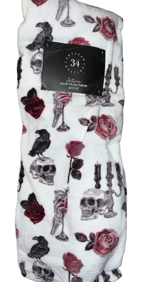 Artisan 34 Halloween Skeleton Hand Skull Raven Crow Rose Gothic candelabra Throw - Image 1 of 1