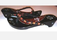 Sandals Kitten Wedge Heels Japanese Lacquer Wood Mother of Pearl 7-8 Black  