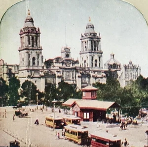 Stereoview Metropolitan Cathedral City of Mexico Streetcars Griffith - Picture 1 of 3