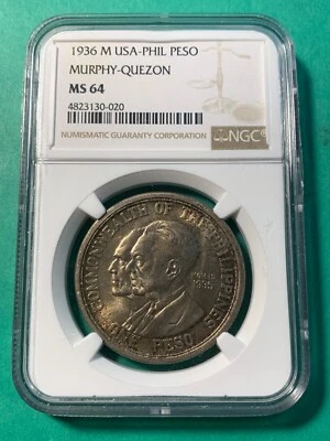 US PHILIPPINES ONE PESO 1936-M MURPHY QUEZON COMMEMORATIVE NGC MS 64 - Image 1 of 4