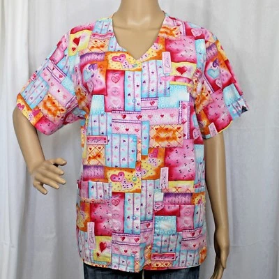 Crest V Neck Multi-Colored Hearts Love Hope Cure Scrub Top Snap Closure - Image 1 of 4