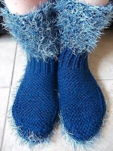 Hand knitted cozy and warm slippers/socks/booties, navy with fuzzy blue