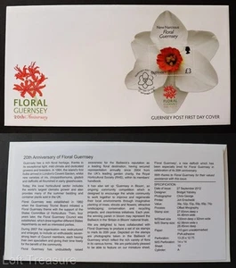 Estampillas de Guernsey: "Floral Guernsey - 20 aniversario" £3 M/S FDC 2012 - Imagen 1 de 3