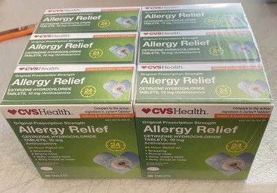 6 x 30ct CVS HEALTH COMPRIMIDOS ORIGINALES ALIVIO ALERGIAS CETIRIZINA HCL caducidad 9/2026 Foto 1 de 4