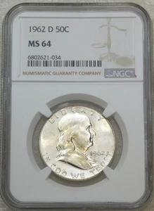 1962-D Franklin Half Dollar NGC MS64 90% Full Bell Lines Frosty & Bright #W157V - Picture 1 of 3