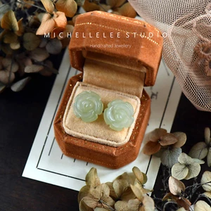 Hand Carved Natural Jade Flower Stud Earrings in Sterling Silver, Rose Flower - Picture 1 of 7