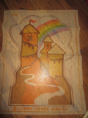 Vintage RAINBOW CASTLE RUG Or WALL HANGING Latch Hooking CANVAS - 1970's - Image 1 of 2