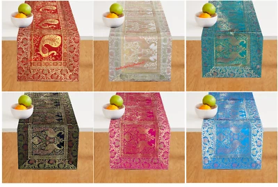 Indian Handmade Christmas Decor Peacock Design Silk Dining Table Runner 16x60 In - Image 1 of 4
