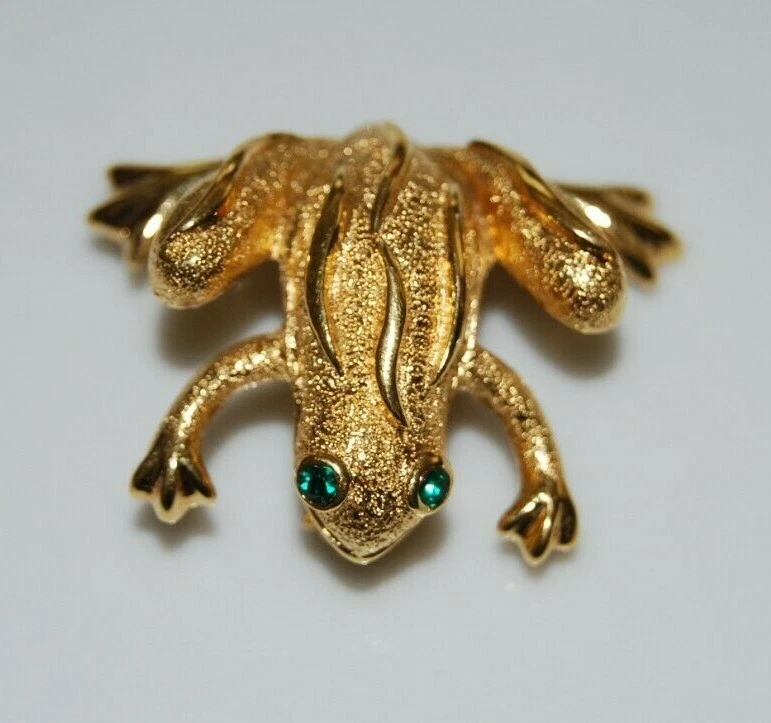 DE COLECCIÓN NAPIER RANA DE METAL EN TONO DORADO CON OJOS DE ESTRÁS VERDE ALFILER O BROCHE Foto 1 de 4