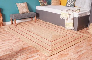 Tappeto di iuta rettangolare naturale, beige con tappeto rosso tripla linea con bordo per arredare la stanza - Foto 1 di 8
