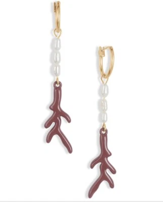 $35 lucky brand earrings gold tone imitation pearl coral drop dangle W1G - Image 1 of 2