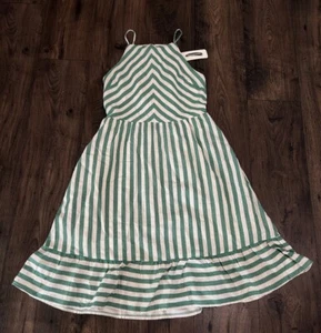NWT Green and Off White Striped Open Back Dress size Medium Ruffle Lined Cute - Picture 1 of 13