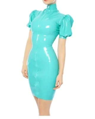 100% Latex Gummi Hell Blau Cosplay Uniform Sexy Kleid Dress 0.4mm S-XXL - Bild 1 von 2