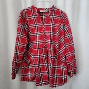 Joan Rivers QVC Red Plaid Flannel top pockets long sleeve Pullover sz 10 blouse - Picture 1 of 9