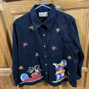 New Direction Woman Black Cotton Halloween Jacket Haunted House Graveyard Spider - Picture 1 of 15