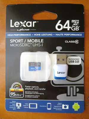 LEXAR 64GB 633X 95MB/S MICRO CD CARD USB 3.0 READER LSDMI 64 GBBEU 633 - Image 1 of 4