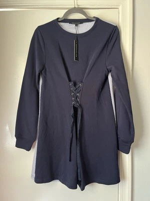 Vestido Walter Baker para mujer Anne azul marino con cordones a rayas S nuevo con etiquetas Foto 1 de 3