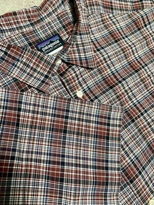 Patagonia Shirt Mens XL Brown Blue Stripe Short Sleeve Button Up Pockets Cotton - Picture 1 of 12