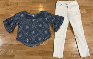 Girls Justice & Cat & Jack Outfit Size 10 - Dusty Blue Top w/White Skinny Jeans - Picture 1 of 7