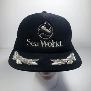 Sea World Vintage Malla de Camionero Estilo del Capitán Sombrero Gorra Negro Plateado Snapback años 80 - Imagen 1 de 7
