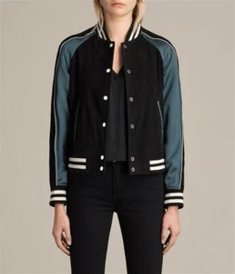 All Saints Epton Black/Blue Suede Satin Leather Bomber Jacket Size S - Picture 1 of 11