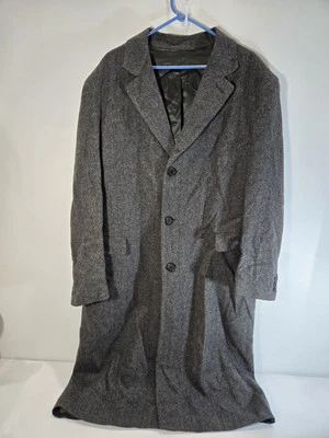 Vtg B.W. HARRIS Mens 44L Pure Wool Gray Overcoat Tailored in USA Herringbone - Image 1 of 4