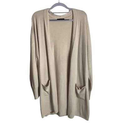 Verve Ami 1X Cardigan Open Front Neutral Kahki Tan Longlined Soft Cozy Pockets - Image 1 of 4