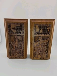 Vtg 70s Lasercraft Wood Bookends Pair Laser Engraved Nautical Galleon Ship Map - Picture 1 of 16