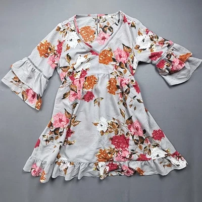 Jodifl 花卉连衣裙小号迷你灰色橙色粉色喇叭袖荷叶边下摆 — 第 1/4 张图片