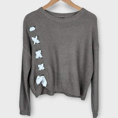 AQUA by Bloomingdale's Taupe 系带侧开襟针织毛衣女式 M 码 — 第 1/4 张图片