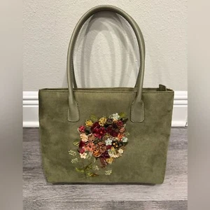 Cappelli Olive Green Purse W/Ribbon Embroidered - Picture 1 of 6