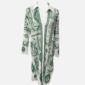 Vestido Zara Bordado Midi Verde Talla Pequeña Botones Abertura Lateral Resort Algodón Boho - Imagen 1 de 7