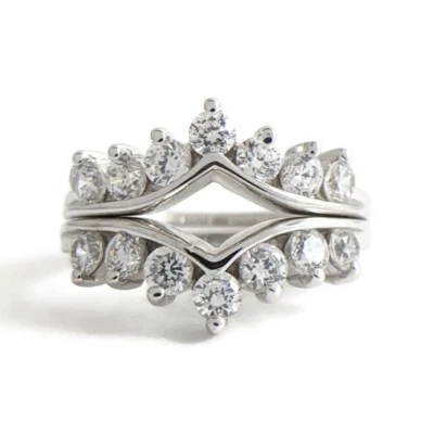 CZ Cubic Zirconia Curved Matching Wedding Band Ring Set 14K White Gold, 3.65 Gr - Image 1 of 4