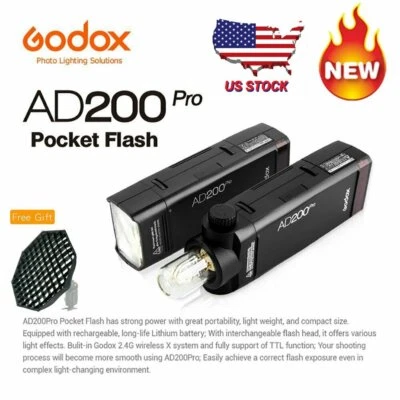 US Godox AD200Pro TTL HSS Head Dual Flash Light Speedlite+AD-S7 Grid Softbox Kit - Image 1 of 4