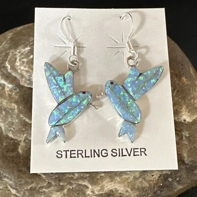 Blue Opal Humming Bird Indian Sterling Silver Earrings Size 1" 15088 - Image 1 of 4
