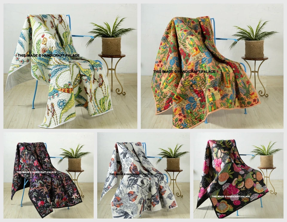 Vintage Kantha Quilted Bedspread Indian Handmade Quilt Throw Cotton Blanket 70" - Image 1 of 1