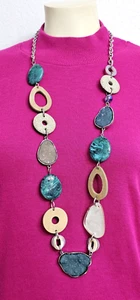 CHICOS Unique Gorgeous teal, beige and white silver tone long necklace statement - Picture 1 of 7