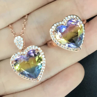 Lote de 2 peças de anéis de pingente de colar de pedras preciosas turmalina bi-coloridas presentes joias femininas - Imagem 1 de 4