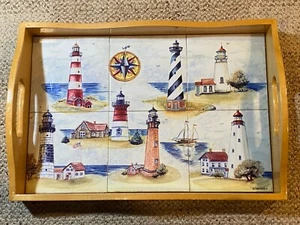 Wooden serving tray with 6 Ceramic Tiles of Painted Lighthouses w/handles Signed - Picture 1 of 13