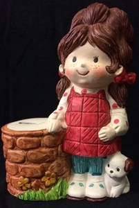 Gentle Treasures Vintage Decorativo Cerámica Niña con Cachorro Monedas Banco 1977 - Imagen 1 de 4