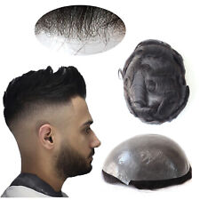 Mens Human Hair Replacement System Thin Skin V-loop Toupee Black Hairpieces #1B