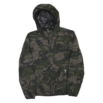 GUESS Mens Green Camouflage Hooded Jacket S Polyester Blend Lightweight Zip - Image 1 of 4