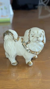 Vintage Porcelain Ceramic Pekingese White And 24k Gold Dog Figurine - Picture 1 of 10