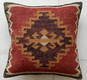 Jute Cushion Cover Throw Indian Vintage Handmade Kilim Pillows Case 18x18" - Picture 1 of 4