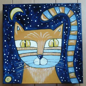 KRISTIN M. ESCUDOS, GATO MEDIANOCHE, NOCHE FOLK PRIMITIVO CAPRICHOSO ACEITE FIRMADO - Imagen 1 de 13