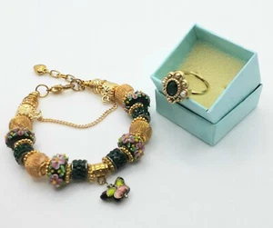 Avon Versailles (No Adj.) Gold Tone Faux Emerald & Pearl 9.25 Ring+ EuroBracelet - Picture 1 of 7