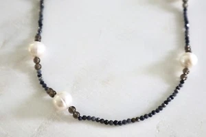 Solid 9ct WG Sapphire Gemstone Station Bead Necklace Pearl Smokey Quartz Classy - Picture 1 of 4